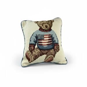 Ralph Lauren Polo Bear American Flag  Woven Throw Pillow Wool 12x12 tag missing